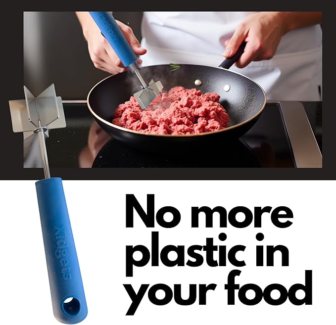Stainless Steel Meat Masher and Chopper with Soft Grip Handle – Heavy Duty Handle & Mashing Head for Ground Beef, Meat, and More – 9", Dishwasher Safe (Lagoon Blue)