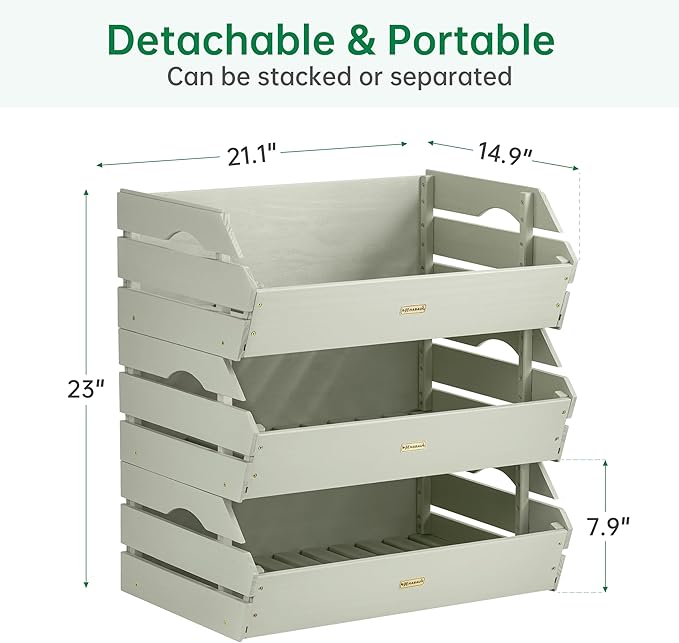 HABAU Potato Onion Storage Bin - Wood Stackable Produce Basket with Handles - Fruit and Vegetable Storage for Kitchen and Pantry Counter Organization - 3 Pack
