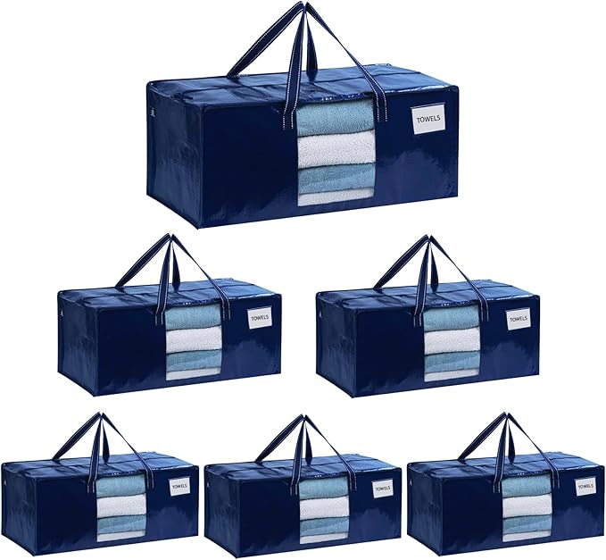 VENO 6 Pack Heavy Duty Moving Bags, Christmas Storage Bins with Lids, Transparent Window Design, Alternative to Moving Boxes, Storage Bags for Clothes, Blankets, Comforters, Pillows (Blue, 6 Pack)