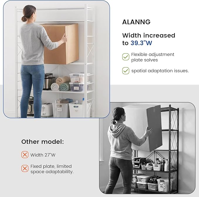 ALANNG 40" W Foldable 5-Tier Storage Shelves with Wheels, Adjustable & Removable Metal Rack, Heavy Duty Rolling Organizer for Kitchen, Garage, Closet, Pantry, and Office (White,2 Pack)