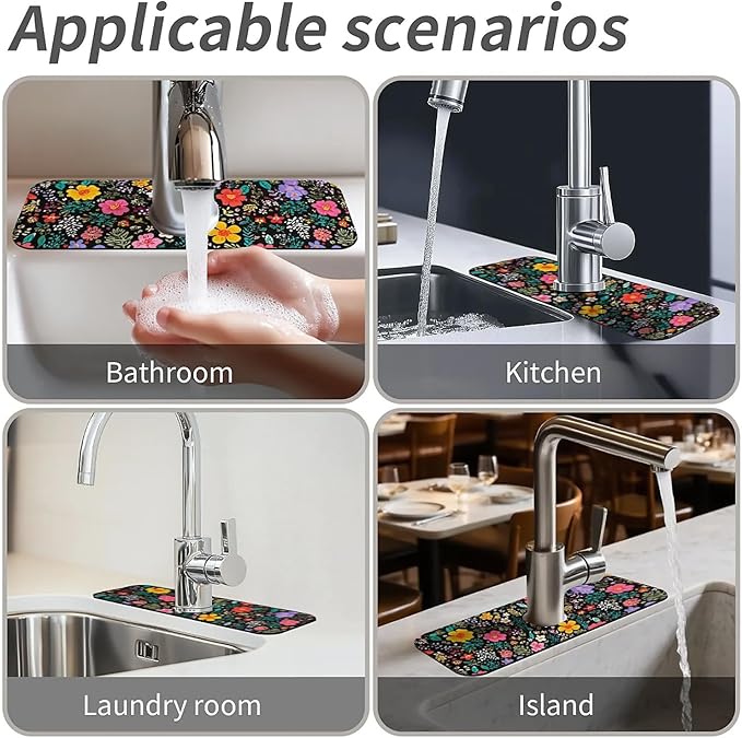 Kitchen Sink Splash Guard，Colored flowers and leaves Faucet Mat Sink Gadgets-Super Absorbent Fast Drying Mat Drip Catcher for Kitchen, Bathroom,Sink Mat, Dish Drying Mat, Bathroom(15" X 5.5" )