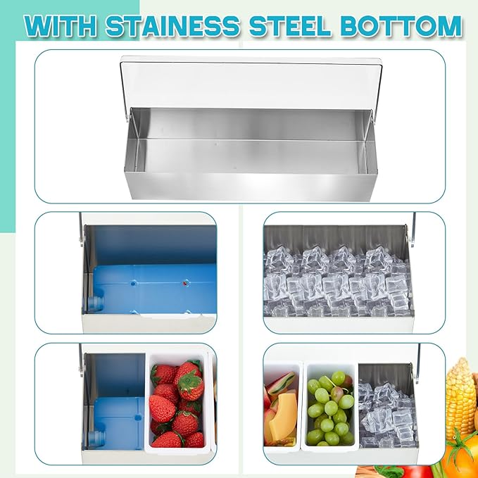 Mifoci 1 Pack Stainless Steel Chilled Condiment Server 6 Removable Slot Toppings Containers with Lid and Bottom Ice Bar Garnish Tray with 9 Silverwares 4 Ice Boxes for Christmas Party, Events and Bar