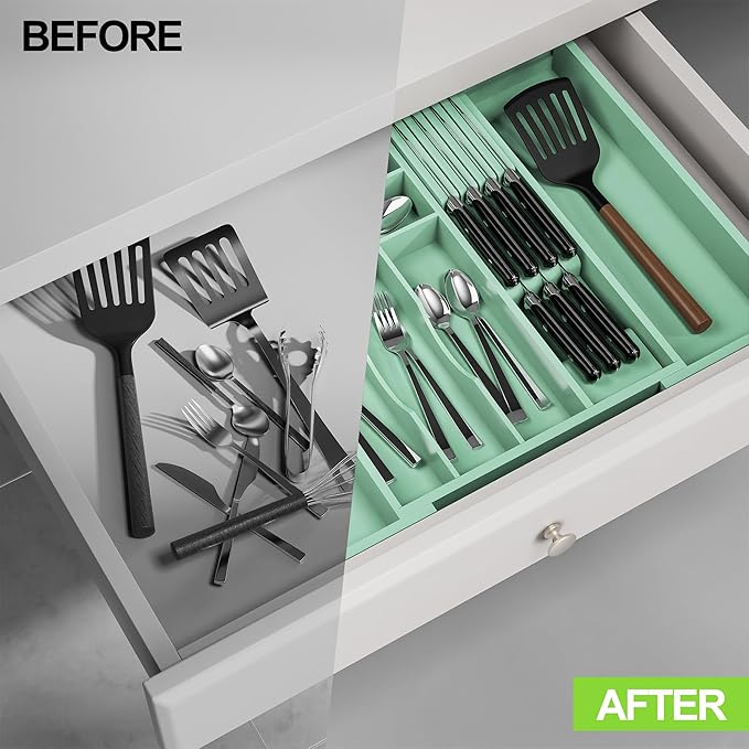 Thalomely Bamboo Kitchen Drawer Organizer, Expandable Silverware Organizer with Removable Knife Block, 6-8 Slots- Utensil Holder & Cutlery Tray Drawer Dividers, 2.36" Deep for Extra Capacity, Cyan