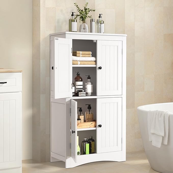 Gizoon 43" Kitchen Pantry Cabinet, Bathroom Storage Unit with Adjustable Shelves and 4 Magnetic Doors, Floor Cabinet for Kitchen, Living Room, White