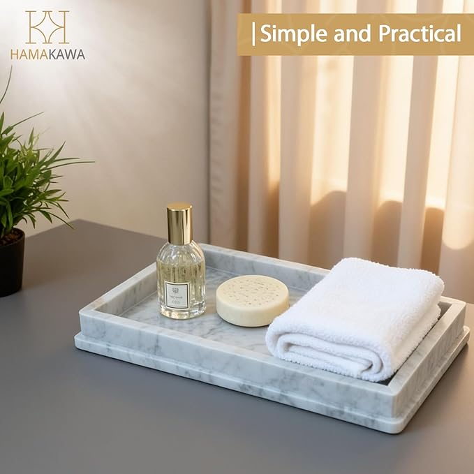 HAMAKAWA Large Natural Marble Bathroom Vanity Tray 12 inch, Carrara White Stone Jewelry Tray, Rectangle Sink Trays, Modern Tank Trays, Countertop Organizer for Soap Dispenser, Kitchen, Home Decor