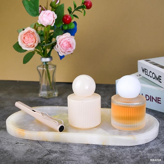 SWRONP Marble Tray for Kitchen Counter & Bathroom Countertop,Stone Vanity Tray for Dresser Decor,Small Storage Tray for Perfumes, Jewelry,Candles,Durable & Waterproof (Transparent White)