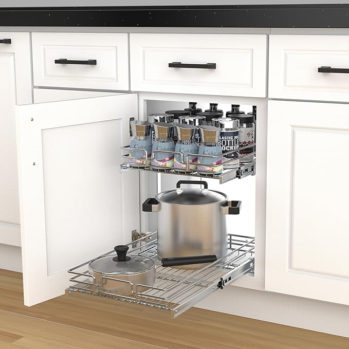 2 Tier Pull Out Cabinet Organizer, 23" W x 21" D Heavy-Duty Metal Sliding Drawer Shelf for Kitchen Cabinets, Chrome, Doesn't Include Door Fittings
