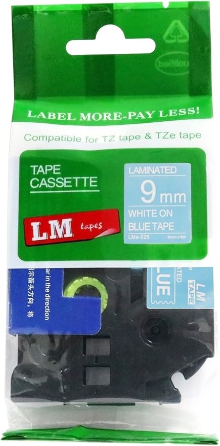 1/Pack LM Tapes - LMe525 Premium 3/8" White Print on Blue Label Compatible with P-Touch TZe-525 Tape and Includes Tape Color/Size Guide. Replaces TZ-525 9mm 0.35 Laminated.