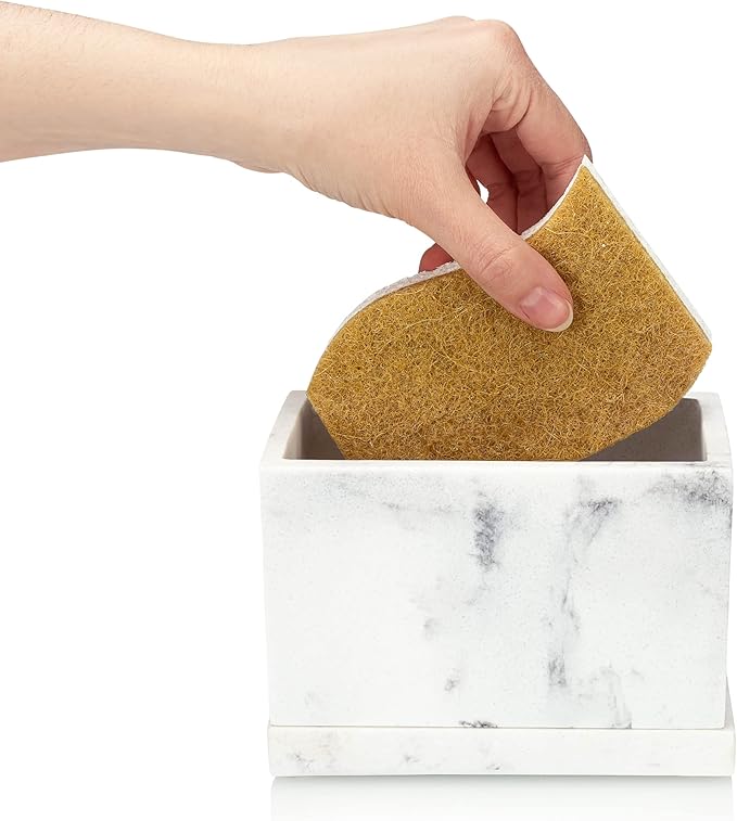 Essentra Home White Marble Kitchen Sponge Holder, Modern Kitchen Sink Caddy with Drain Tray