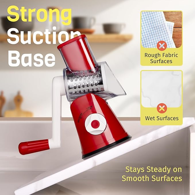 Nexsujo Rotary Cheese Grater Hand Crank, 3 Blades Slicer Shredder, Cheese Grater for Kitchen, Multi-Functional Kitchen Tool for Vegetables, Nuts, Chocolate, with Strong Suction Base, Red