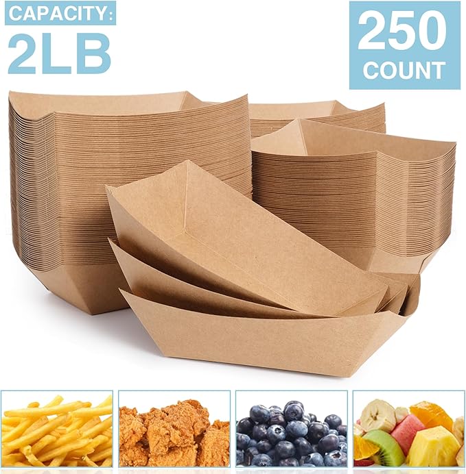 FGCHEEF 2lb Paper Food Trays, 250 Pack Disposable Paper Food Boat Serving Boats for French Fries Nachos Snack Hot Dog Taco BBQ Popcorn Bachelor Party Picnic