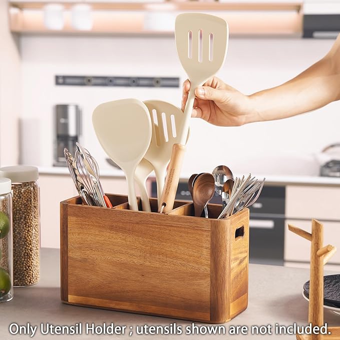 SANOSY 12" Wooden Kitchen Utensil Holder, Extra Large Acacia Wood Organizer for Cooking Tools, Utensils & Cutlery Storage – 3-Compartment Countertop Holder