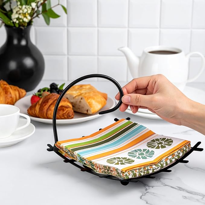Amazing Abby Steel Luncheon Napkin Holder (8"x8") (2-Pack), Heavy-Duty Metal Napkin Dispenser with Weighted Arm and Non-Slip Pads, Great for Kitchen Counter, Dining Table, Outdoors, Picnics, and More