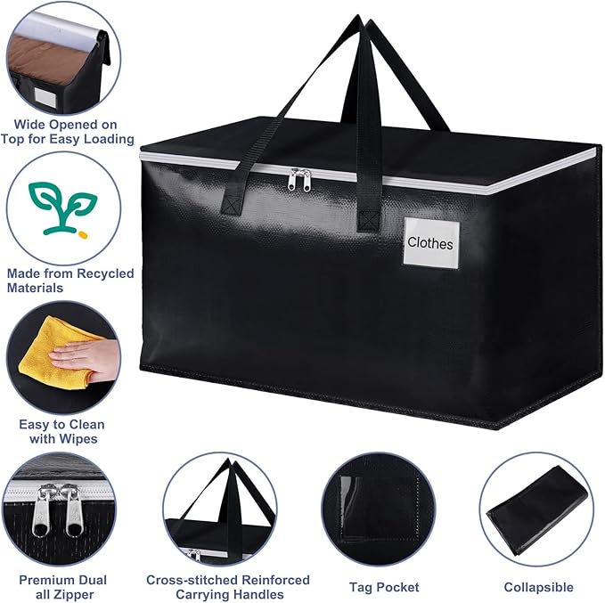 StorageRight Heavy Duty Moving Boxes-Moving Bags with Zipper, Reinforced Handles and Tag Pocket-Collapsible Moving Supplies-Totes for Storage Great for moving, Storage and Travel 93L(Black-8 Pack)