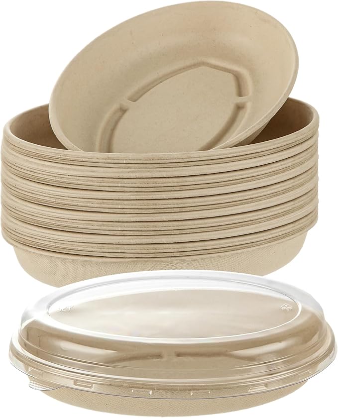 LOLYSIC 50 Pack Oval Paper Bowls with Lids, 28oz Chipotle Bowls, Disposable Food Containers with Lids, Paper Bowl for Burrito, Salads, Pasta, Nacho, Taco, Microwavable Meal Prep Containers