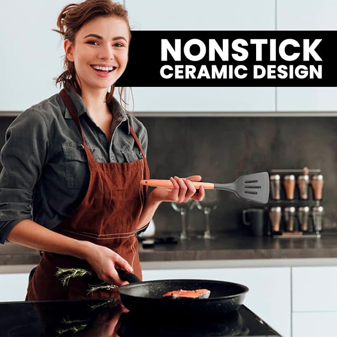 Silicone Cooking Utensils Set kitchen Utensils Set Wooden Handle Spoons Turner Brush Tong Soup Ladle Pasta Heat Resistant Non Stick Kitchen Utensils Heat Resistant Gadget Set With Holder BPA Free