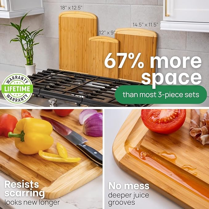 Organic Bamboo Cutting Board Set of 3 with Lifetime Replacements – Premium Extra Large Wood Cutting Boards for Kitchen with Juice Grooves for Carving & Serving, Non Toxic & Durable by Greener Chef