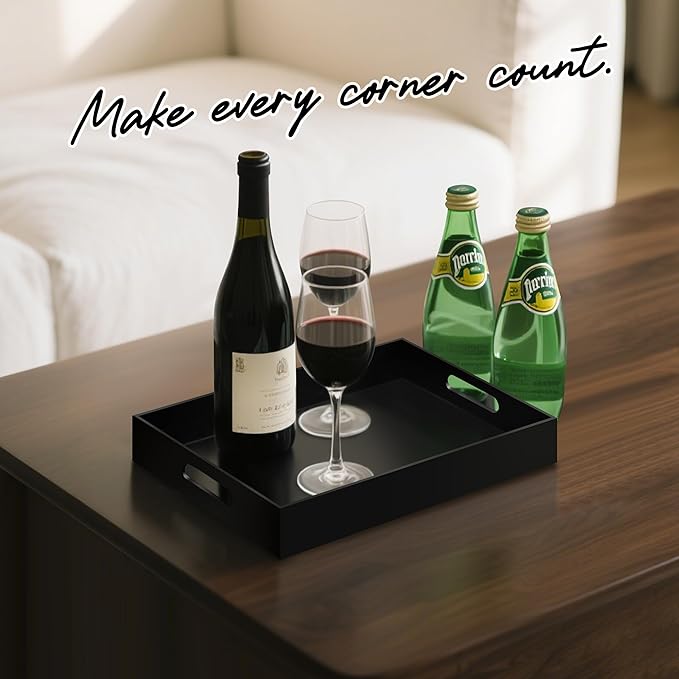 KEVJES Glossy Black Acrylic Serving Tray with Handles-Butler Trays for Coffee Table, Snacks,Breakfast in Bed, Kitchen Countertop,Vanity,Makeup Organizer,Ottoman (Black, 10x15 Inches)