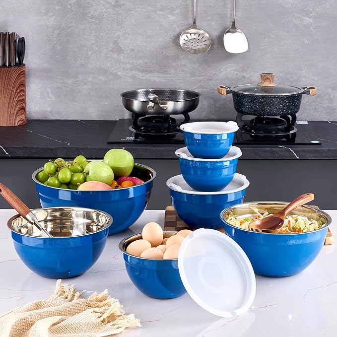 Onlycooker Blue Mixing Bowls With Airtight Lids,Stainless Steel Bowl,Salad Bowls 7 Piece Colorful Nesting Bowl Blue Kitchen Accessories,Size 7,3.6,2.7,2.1,1.5,1.1,0.8QT Stackable Design