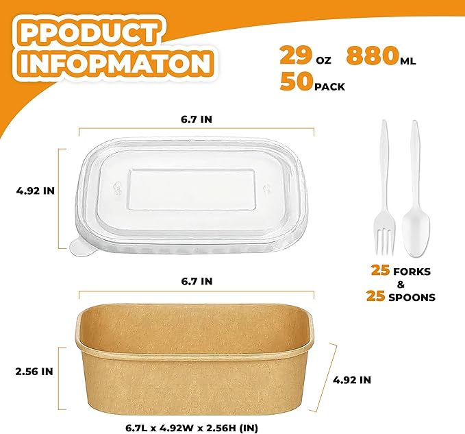 Kaderron 50 Pack 29 OZ Large Paper Bowls with Lids【with Spoons and Forks】, Heavy Duty Disposable Meal Prep Containers for Party, Disposable Bowls Bulk Soak-Proof and Microwave Safe for Hot/Cold Use