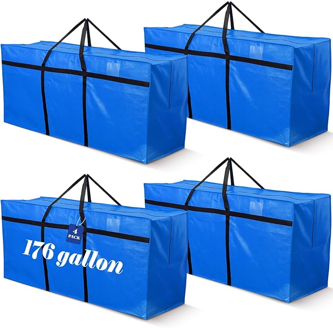 4 Pcs 176 Gallon Extra Large Moving Bags Heavy Duty Storage Bag with Strong Zipper Handle Foldable XXL Jumbo Storage Tote Packing Moving Box for College Dorm Travel Cloth Duffle (Blue)