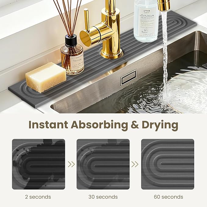 Faucet Mat for Kitchen Sink,Diatomite Fast Drying Stone Sink Tray,Faucet Splash Guard for Bathroom Counter [23.6"x4"],Super Absorbent, Prevents Moisture Buildup