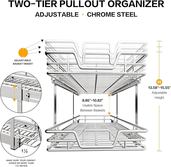 QUYUWU 2-Tier Kitchen Cabinet Pull Out Shelf and Drawer Organizer Slide Out Pantry Storaqe Basket in Multiple Sizes (14" W x 21" D)