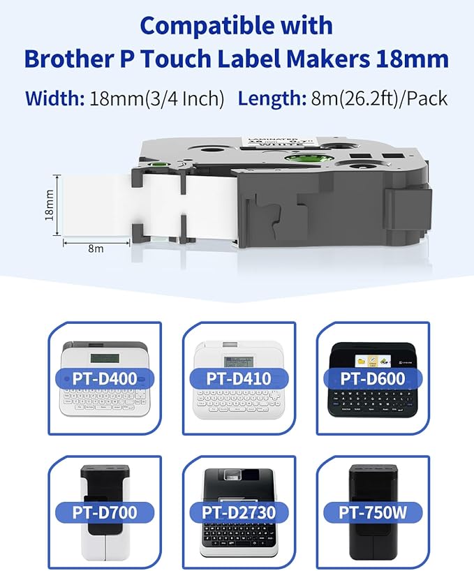 TZe-241 Replacement for Brother Label Maker Tape 18mm 0.7 Inch Tz Laminated White 18mm Label Tape TZe241 Black on White 3/4 Inch TZe Tz Tape for Brother PTD410 PT-D400 PT-D460BT PT-D610BT, 4-Pack