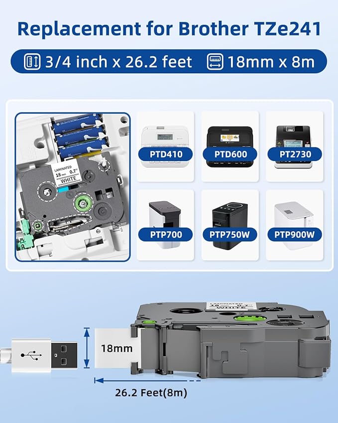10-Pack 18mm 0.7 Inch Laminated White Tape Replace for Brother Label Maker Tape TZe-241 Compatible with P Touch TZ TZe 3/4" Black on White TZE241 for PTD410 PT-D400 PT-D610BT PTD600
