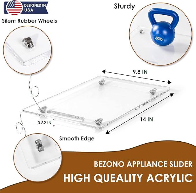 BEZONO Appliance Sliders for Kitchen appliances Sliding Tray for Coffee Maker, Espresso Machines, Mixers Sturdy Kitchen Aid Sliders for Mixer - Duty Equipment with Rubber Wheels - 9.8" x 14" (Clear)