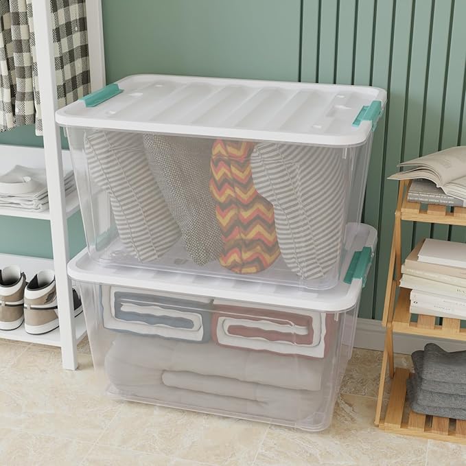Xyskin 2 Pack Large Latching Box with Wheels, Storage Bins with Lids, Clear Plastic, 85 Quart Heavy-Duty Organizing Containers for Closet, Bathroom, and Office