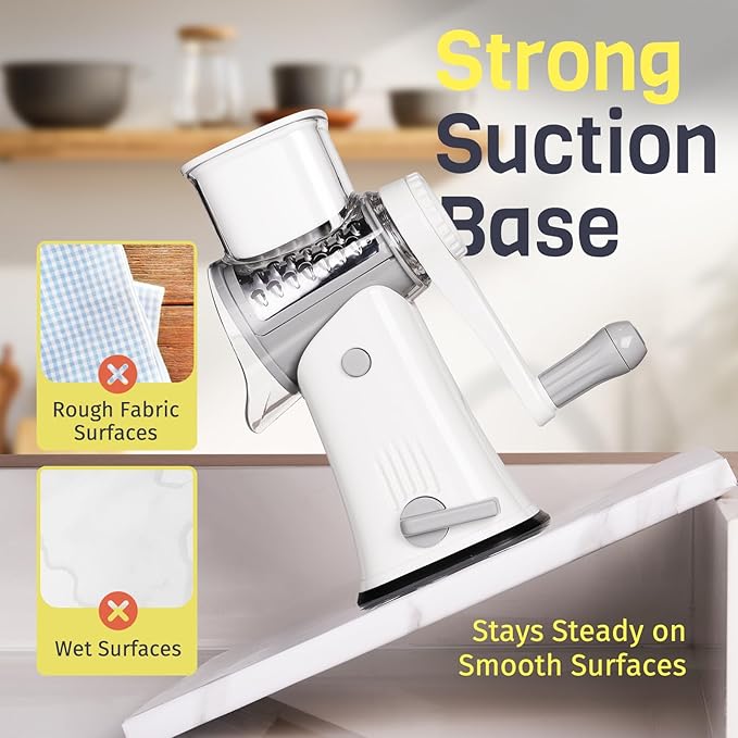Nexsujo 5-in-1 Rotary Cheese Grater Hand Crank, Vegetable Slicer Shredder with 5 Interchangeable Blades, Graters for Kitchen, Safe Kitchen Tool for Cheese, Nuts, Chocolate, White