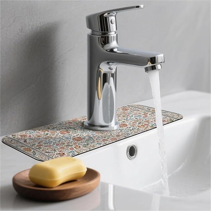Kitchen Sink Splash Guard，Exquisite flower and bird Faucet Mat Sink Gadgets-Super Absorbent Fast Drying Mat Drip Catcher for Kitchen, Bathroom,Sink Mat, Dish Drying Mat, Bathroom(15" X 5.5" )