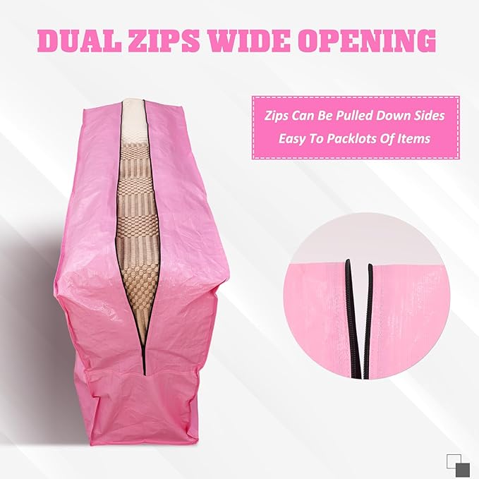 4 Pcs 96 Gallon Extra Large Moving Bags Heavy Duty Storage Bag with Strong Zipper Handle Foldable XXL Jumbo Storage Tote Packing Moving Box for College Dorm Travel Cloth Duffle (Pink)