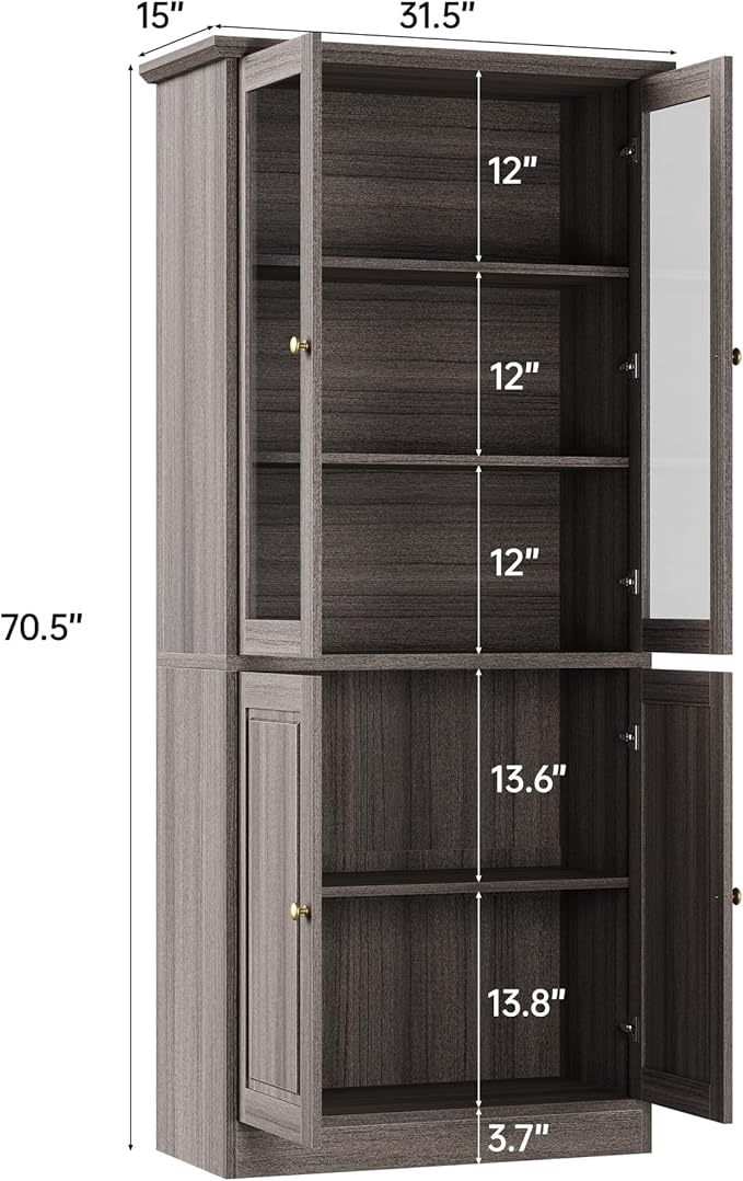 LotaTools 71" Kitchen Pantry Cabinet with Glass Doors, Modern Coffee Bar Storage Cabinet with Adjustable Shelves & Wooden Doors, Freestanding Cupboard for Dining Room or Living Room, Vintage Brown