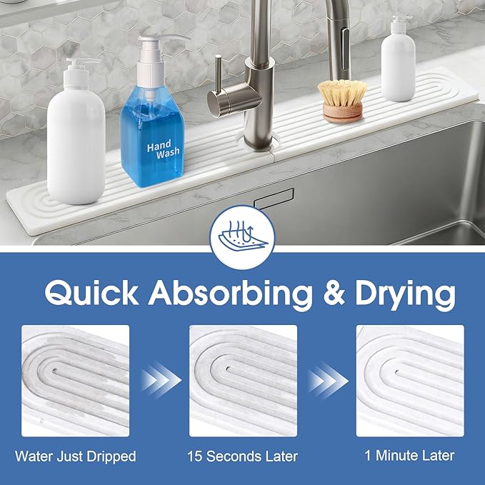 Kitchen Sink Faucet Mat, Water Absorbent Diatomite Stone Sink Tray, Diatomite Fast-Drying Faucet Mat, Prevents Moisture Buildup, Durable Protector for Bathroom Counter, White, 15.8" x 4"
