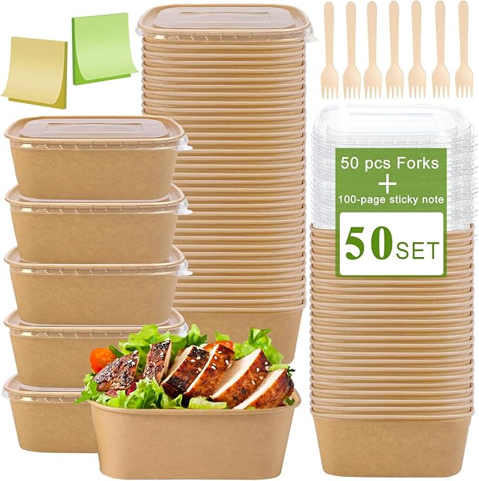 50-Pack 22oz Kraft Paper Bowls Disposable with Lids and Wooden Forks, Disposable Meal Prep Containers Paper Food Prep Containers with Lids, To Go Container for Hot Soup/Salad, Freezer & Microwave Safe