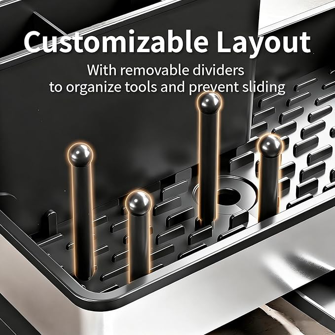 Sponge Holder for Kitchen Sink, Stainless Steel Sink Caddy with Brush Holder, Dishcloth Rack and Holds Soap Dispenser, Auto-Drain Rustproof Countertop Organizer (Black)