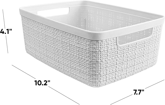 Curver Set of 8 Small 4.5L Jute Decorative Plastic Organization and Storage Baskets - Perfect Bins for Home Office, Closet Shelves, Kitchen Pantry and All Bedroom Essentials, White