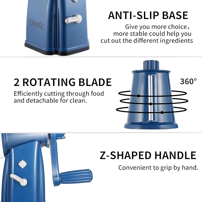 ChinKc Upgrade Rotary Cheese Grater Shredder with Handle, Strong Suction Base, Multi-purpose Rotary Grater Slicer with 5 Interchangeable Blades for Ice, Vegetables, Fruit, Nuts with Blade Storage Box