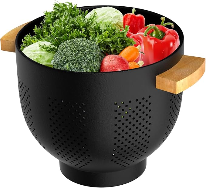 Metal Colander with Bamboo Wood Handle, 6 QT Large Strainer with Self-Draining Base, Kitchen Strainer Bowl for Pasta Spaghetti Vegetables Fruit Berry, Essential Kitchen Appliance and Gadget (Black)