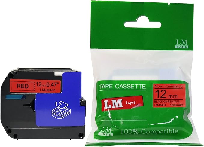 LM Tapes - Premium Compatible 1/2" (12mm) Black on Red M Series P-Touch Tape, Replaces M431