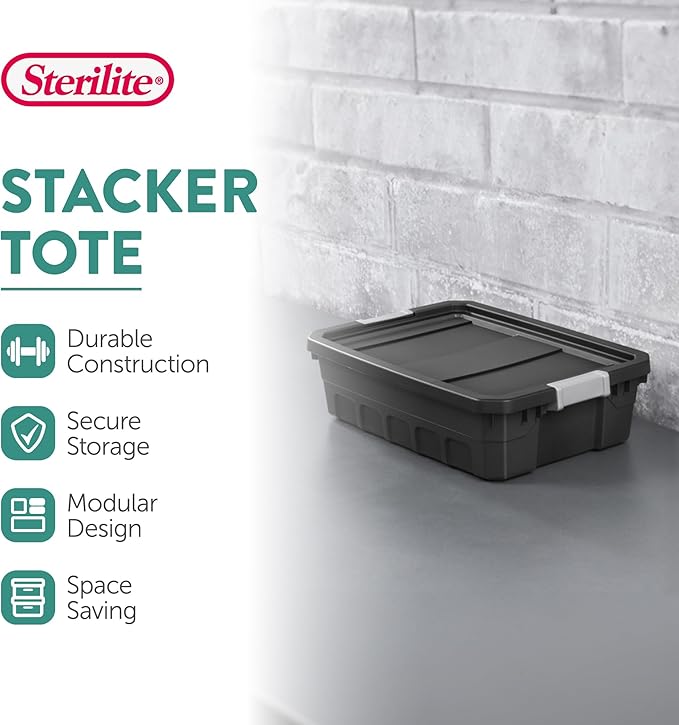 Sterilite 12-Pack Plastic Storage Bins with Lids, Stackable Containers, 10 Gallon, Black