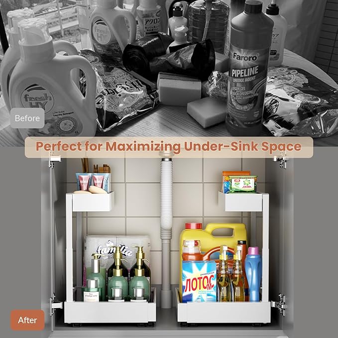 2 Tier Expandable Under Kitchen Sink Organizer, Adhesive Under Bathroom Organizer, Heights Adjustable Pull Out Storage for Kitchen Laundry (White, 16.3D x 12.2"-20.5" W x 14.4"-18.5" H)