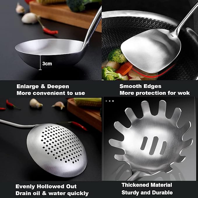 NIITAWH 18/10 Stainless Steel Kitchen Utensils Set, 6 Pcs Professional All Metal Cooking Utensils Set 12-13.6 Inch, Wok Spatula, Ladle, Skimmer, Slotted Spatula Turner, Spaghetti Spoon, Large Spoon