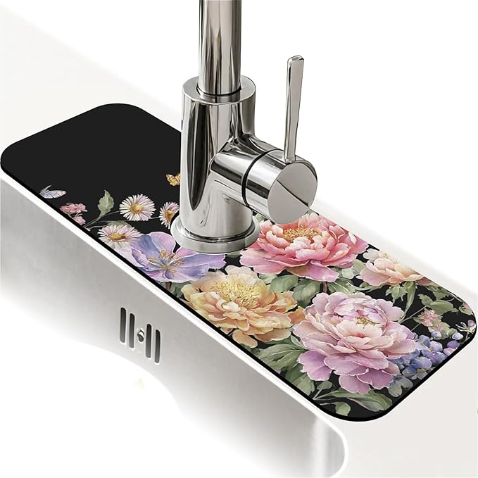 Kitchen Sink Splash Guard，Beautiful watercolor flowers Faucet Mat Sink Gadgets-Super Absorbent Fast Drying Mat Drip Catcher for Kitchen, Bathroom,Sink Mat, Dish Drying Mat, Bathroom(15" X 5.5" )
