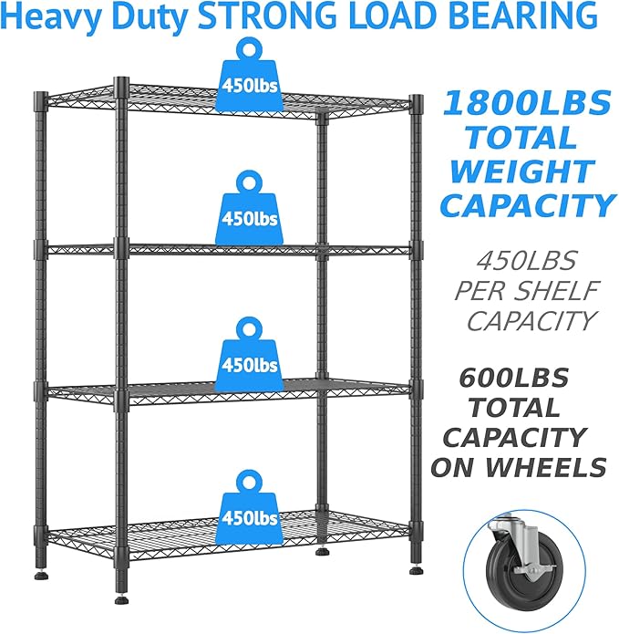 Homdox Heavy Duty Metal Shelves for Storage, 4 Tier Storage Racks and Shelving, Commercial Adjustable Wire Shelving Unit on Wheels, Garage Rack Pantry Shelves Kitchen Shelving, 18"x36"x72", Black
