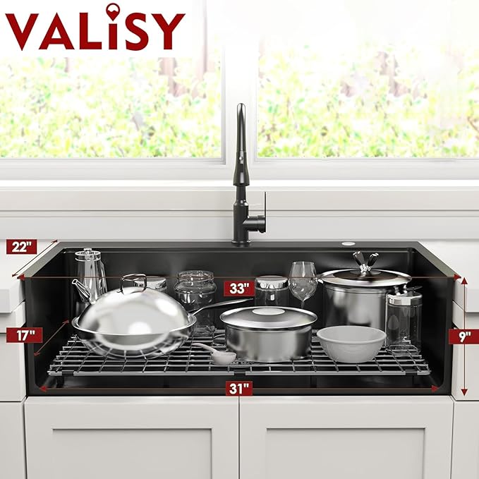 33 Inch Black Kitchen Sink Drop in - 33"x22" Topmount Ledge Workstation Sink 9 Inch Deep 16 Gauge Stainless Steel Single Bowl Sink with Accessories