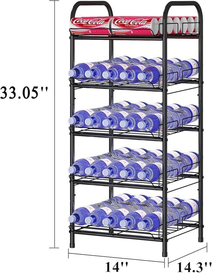 GILLAS 5 Tier Water Bottle Storage Rack, Free Standing Vertical Metal Organizer, Fits Different Sized Bottles Taller Cans, Easy Assembly Water Holder Stand for Kitchen Pantry, Black