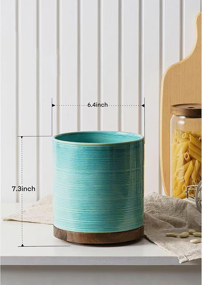 MIKIGEY Utensil Holder, 360° Rotating Extra Large Ceramic Kitchen Utensil Holder for Countertop, Cooking Utensil Crocks for Counter with Rotatable Wooden Base, Farmhouse Kitchen Decor, Green
